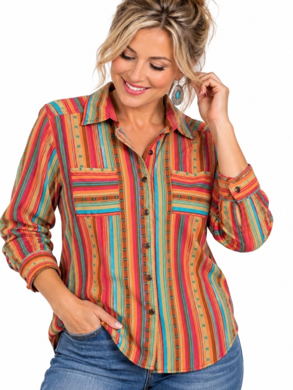 Rock & Roll Cowgirl Medium Serape Stripe Button Down Western Shirt Boho